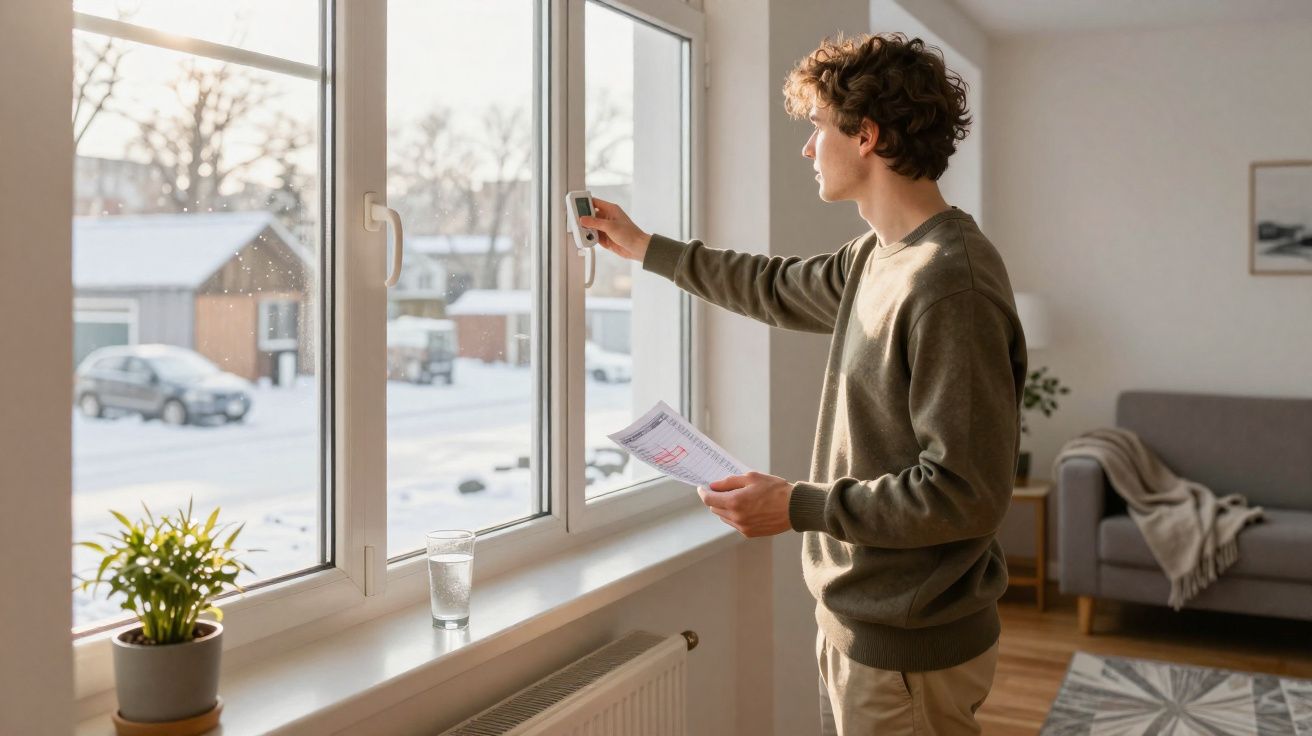 Jovem medindo temperatura da janela em casa, segurando documento, com neve vista do lado de fora.