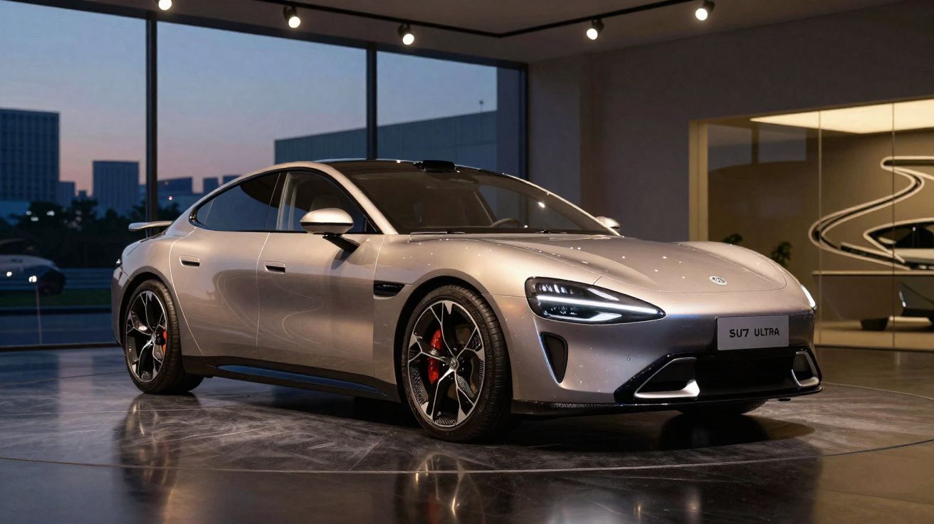 Carro esportivo elétrico prata modelo SU7 Ultra em showroom moderno com iluminação destacando design aerodinâmico.