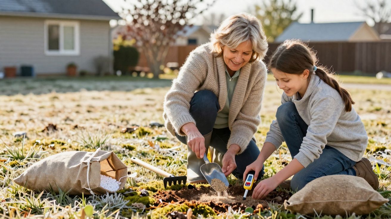 Mulher e menina plantando na terra em jardim, usando ferramentas de jardinagem e sorrindo.