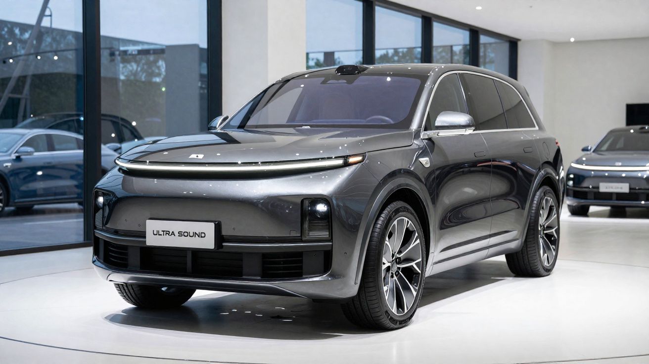 SUV elétrico cinza escuro exposto em showroom moderno com grandes janelas de vidro.