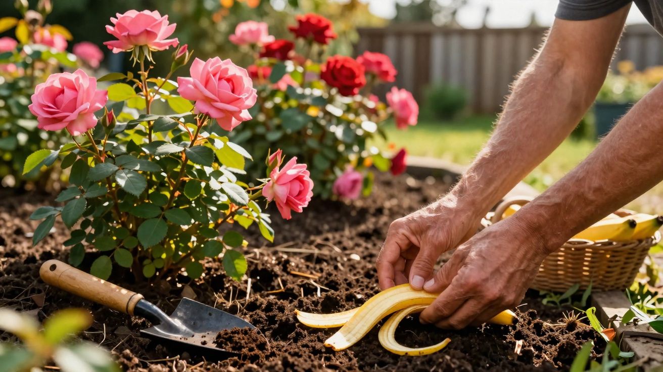 Mãos colocando casca de banana no jardim com rosas rosas e ferramenta de jardinagem no solo.