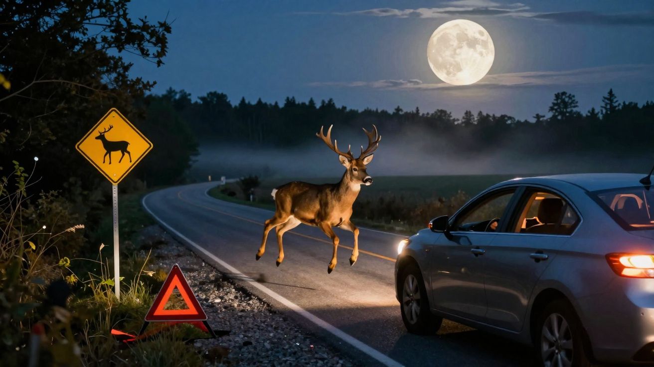 Veado atravessando estrada à noite com lua cheia, carro parado e placa de trânsito alertando sobre animais.