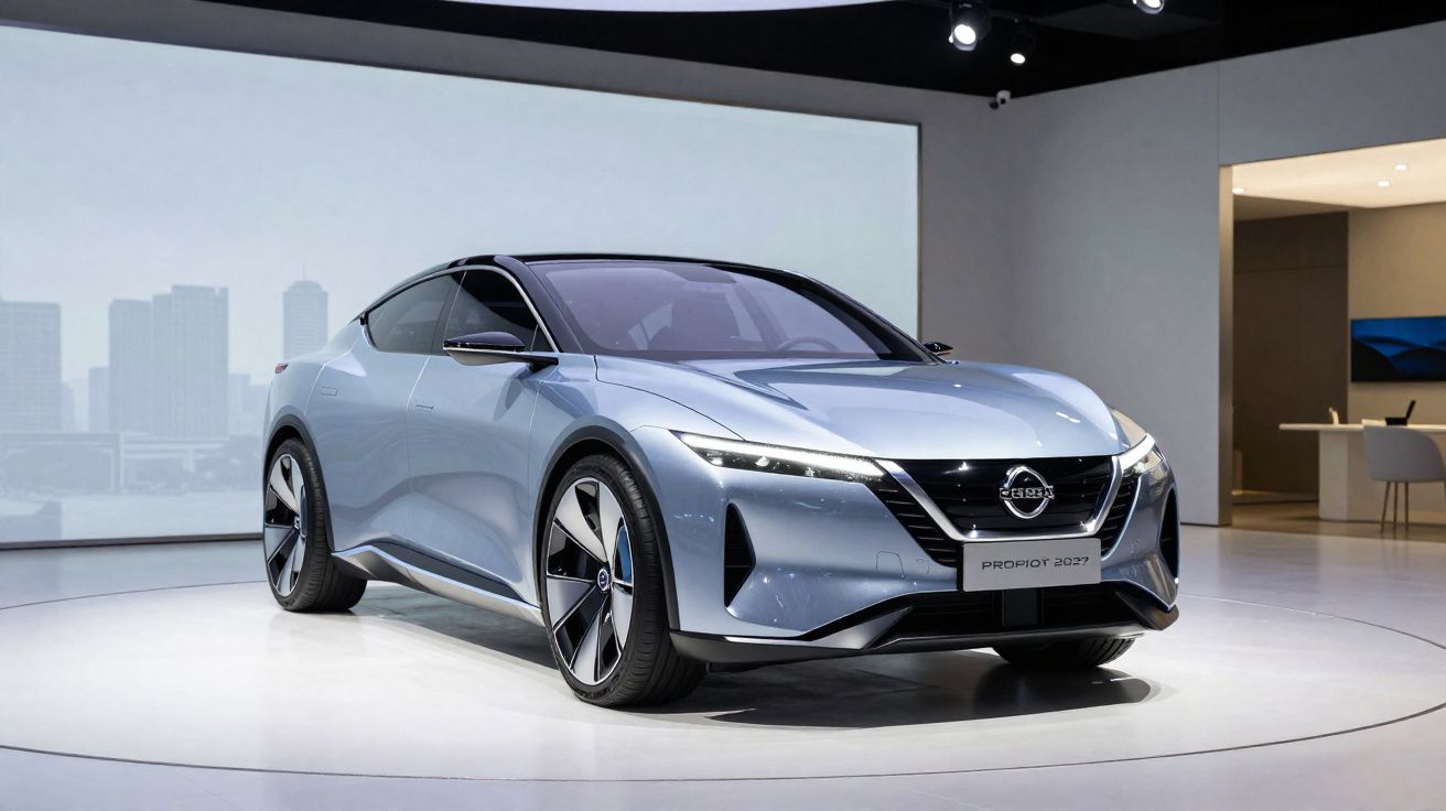 Carro elétrico Nissan Ariya prata exibido em estande moderno com fundo de cidade desfocada.