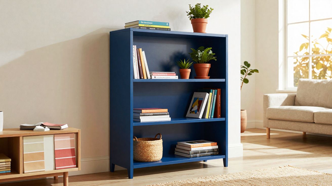 Estante azul com livros, plantas em vasos e cesto, em sala iluminada com sofá e tapete bege.