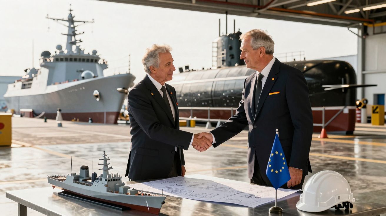 Dois homens de terno apertam as mãos em estaleiro naval, com maquete de navio, mapa, capacete e bandeira da UE à mesa.
