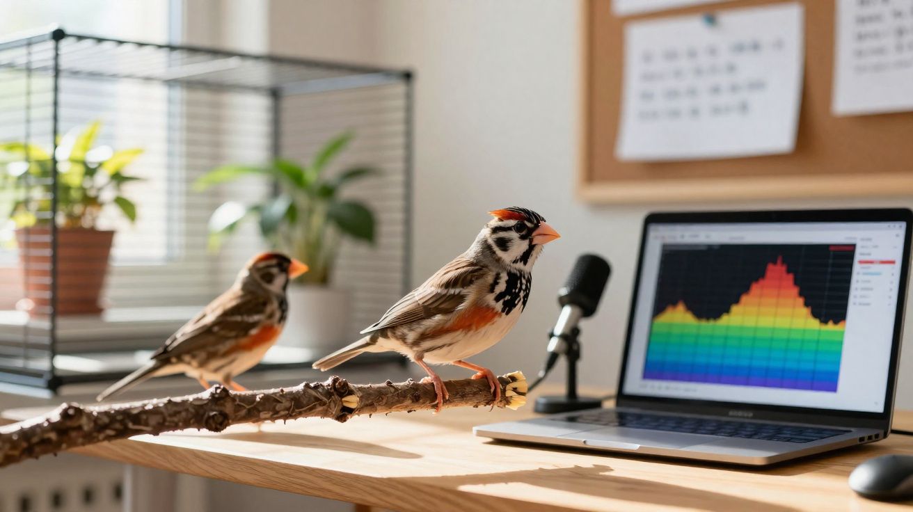 Dois pássaros sobre um galho em uma mesa ao lado de um laptop com gráficos coloridos na tela.