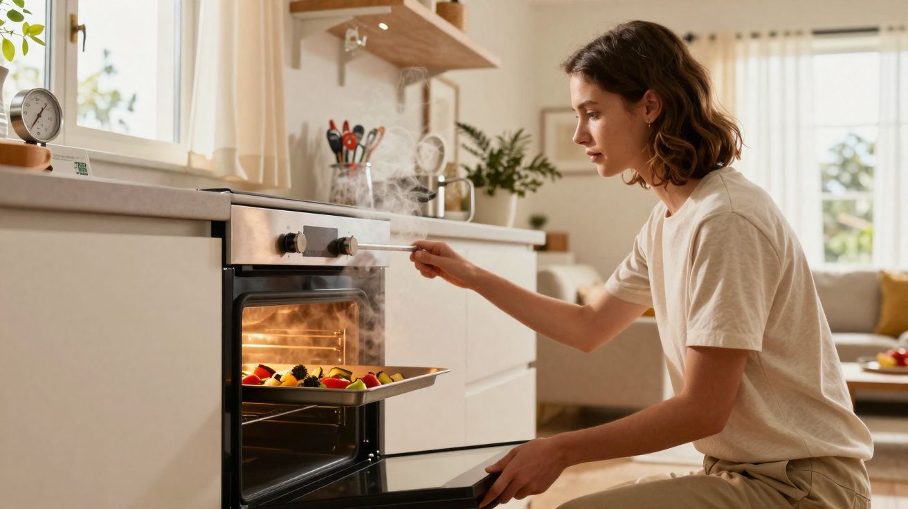 Mulher retirando uma assadeira com legumes assados de um forno em cozinha iluminada e moderna.