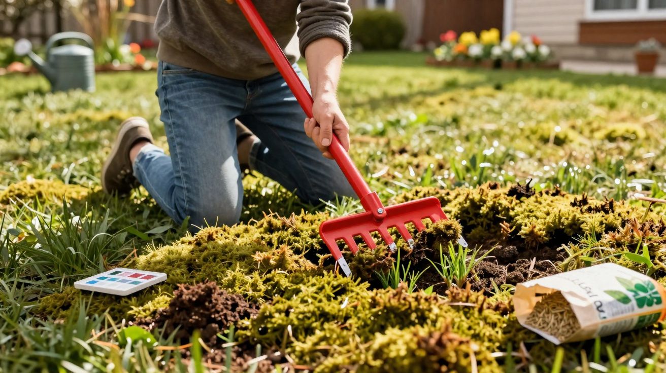 Pessoa com rastelo vermelho trabalhando em jardim com musgo, sementes e amostras de cores ao redor.