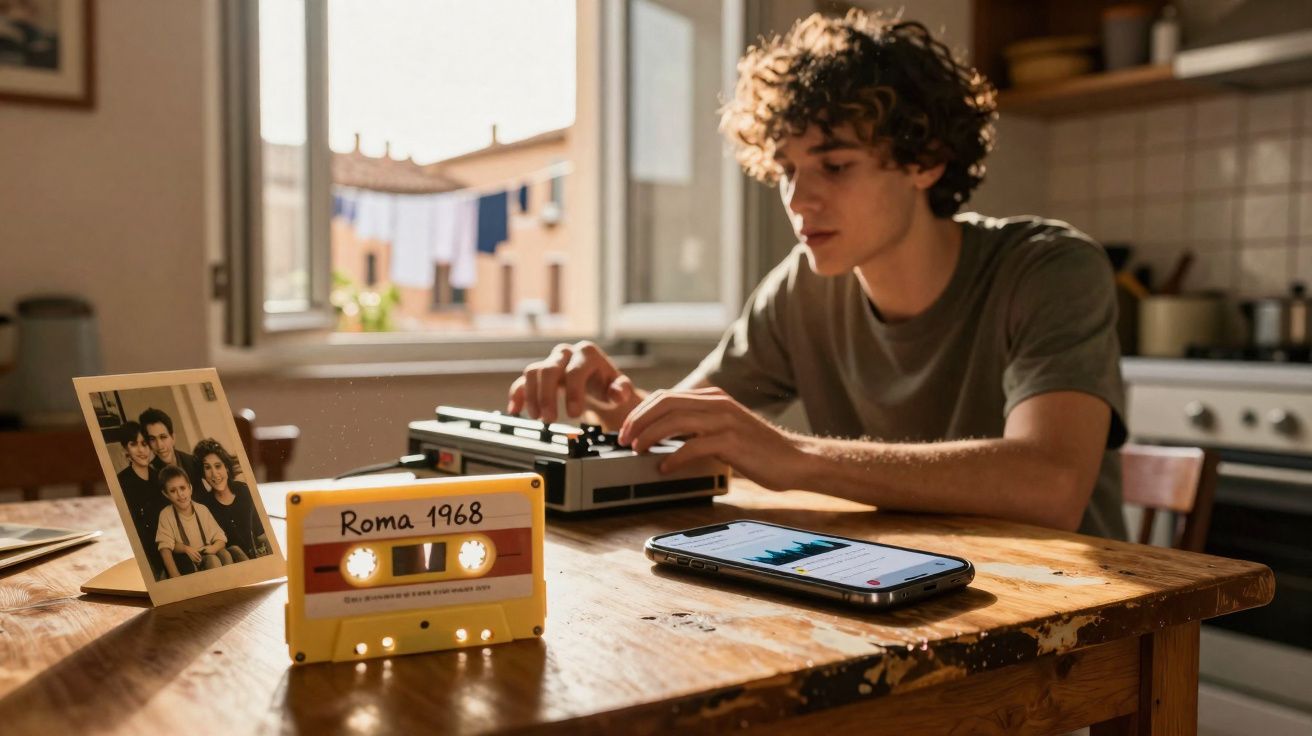Jovem escreve em máquina de escrever em mesa com fita cassete escrita Roma 1968, celular e foto de família.