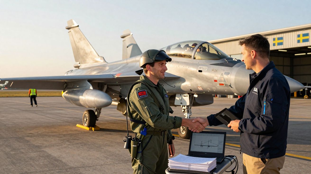 Dois homens apertando as mãos no pátio de aeroporto militar com caça e papéis sobre mesa portátil.