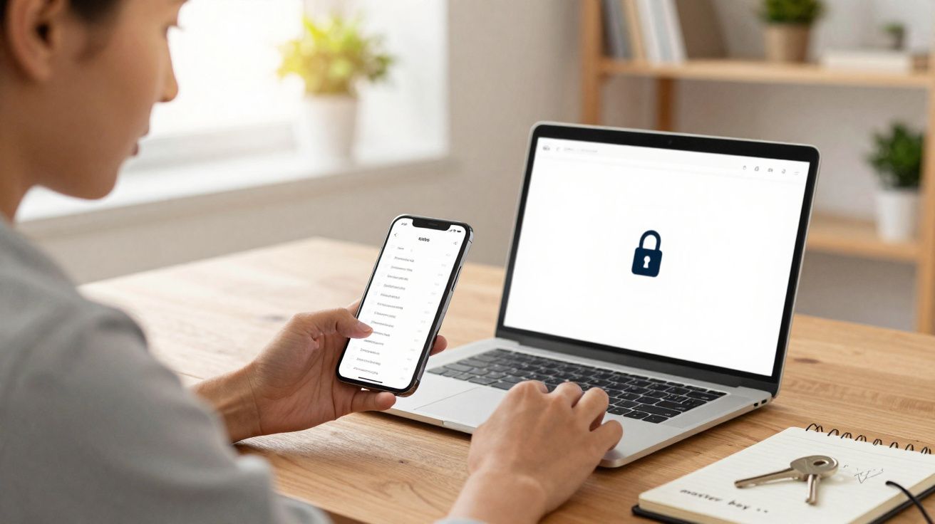 Pessoa usando smartphone e laptop com ícone de cadeado na tela, simbolizando segurança digital.