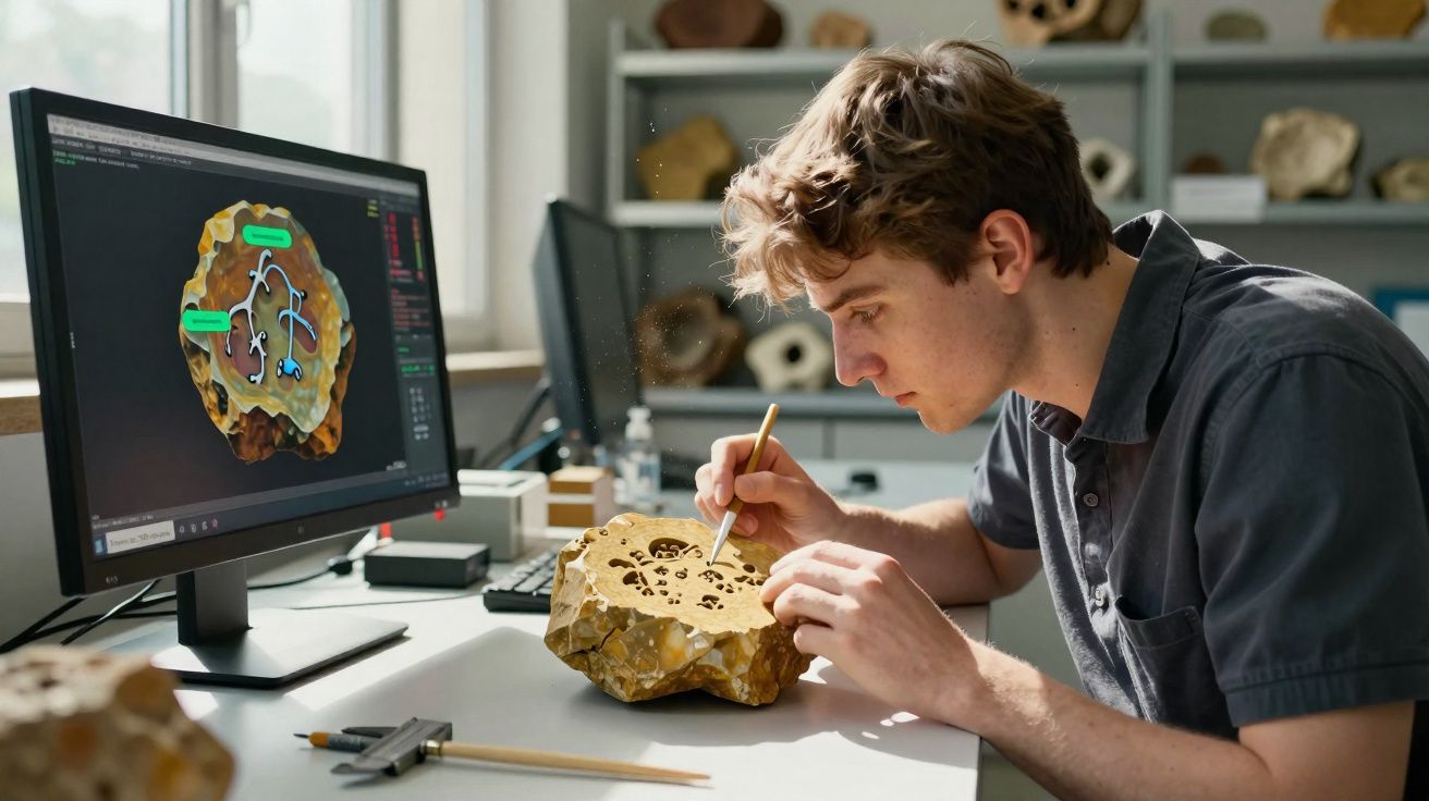 Jovem analisando e detalhando um fóssil enquanto compara dados em tela de computador.