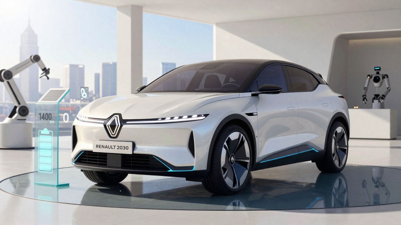 Carro elétrico futurista branco Renault 2030 em exposição interna com robôs ao fundo e painel de bateria.