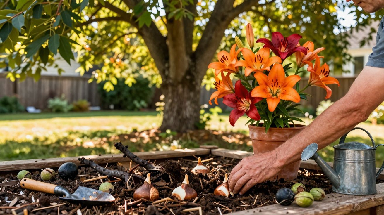 Pessoa plantando bulbos de lírios laranja e vermelho em canteiro de jardim com regador e ferramentas.