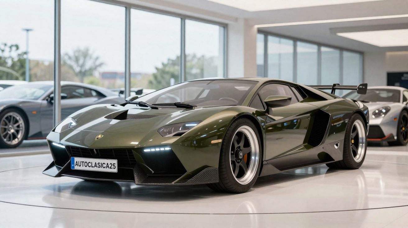 Carro esportivo Lamborghini verde oliva em exposição interna com outros veículos ao fundo.