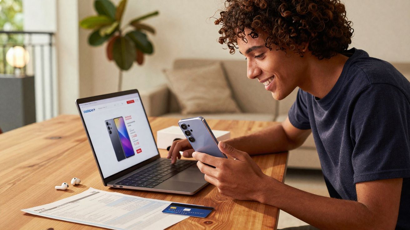 Jovem sorrindo, segurando celular e pesquisando smartphone em site no notebook em mesa com documentos e cartão.