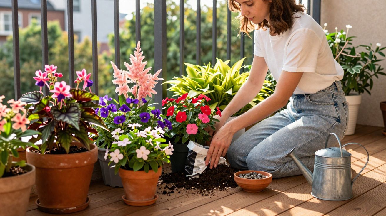 Mulher cuidando de plantas e flores em vasos no chão de varanda ensolarada.