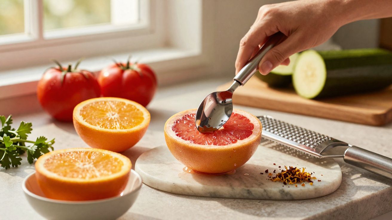 Pessoa usando colher para extrair polpa de grapefruit, com laranjas, tomates e legumes ao fundo em bancada.