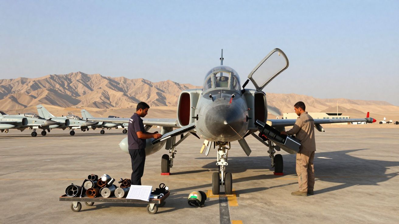 Dois homens realizam inspeção em aeronave militar em pátio de aeroporto com montanhas ao fundo.