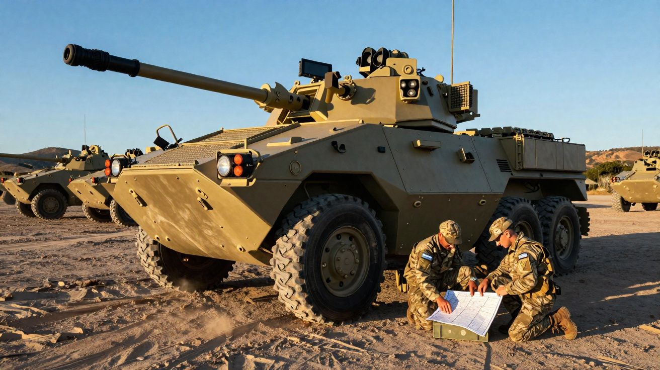 Blindado militar e dois soldados analisando mapa na areia sob céu azul claro.