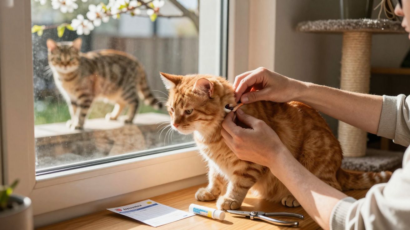 Pessoa colocando coleira em gato laranja dentro de casa com gato malhado do lado de fora da janela.