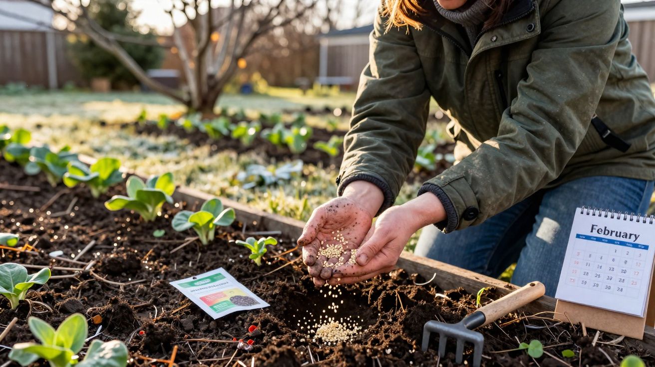 Pessoa sem rosto plantando sementes em canteiro de jardim com calendário mostrando fevereiro ao fundo.