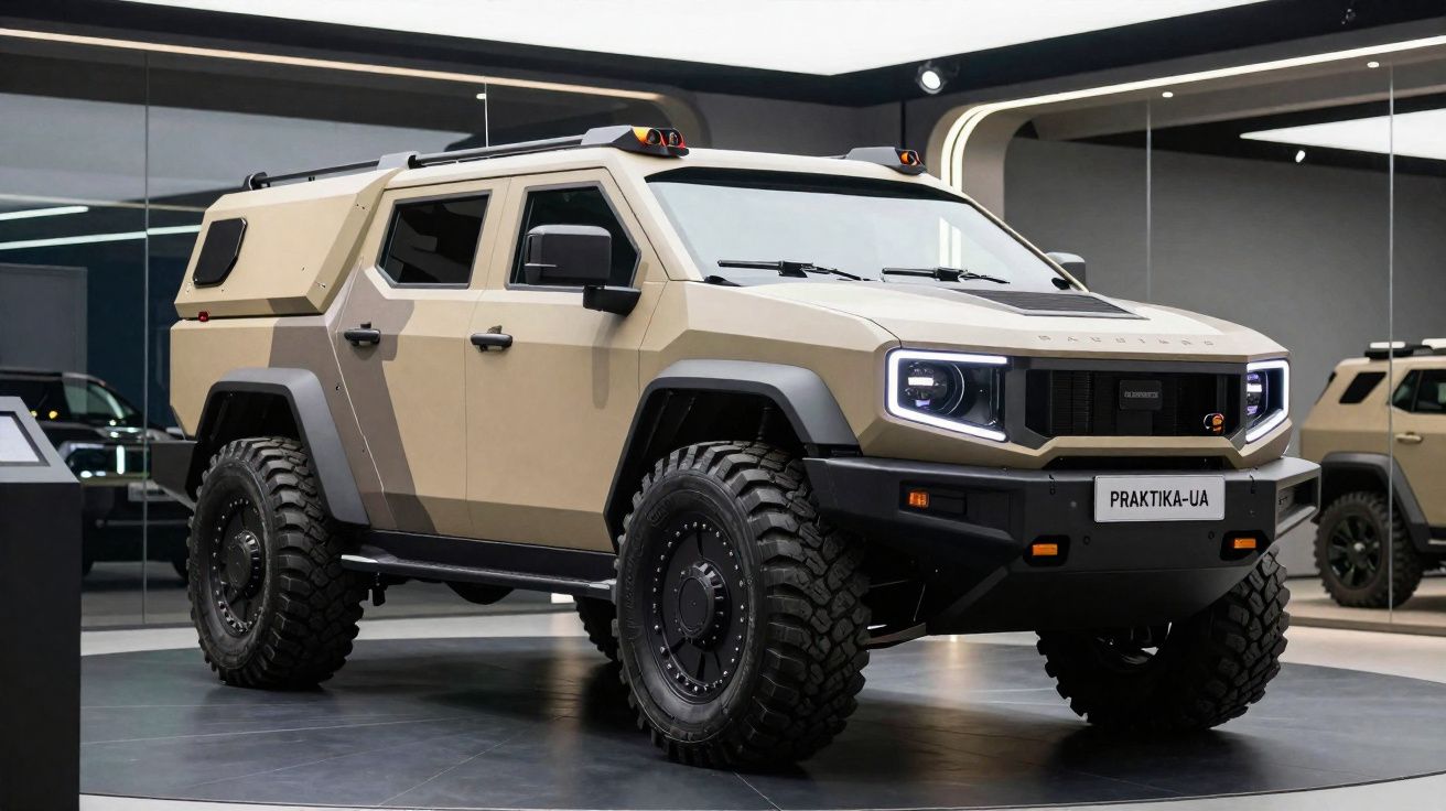 Veículo blindado off-road bege com pneus grandes em exposição com espelhos ao fundo.
