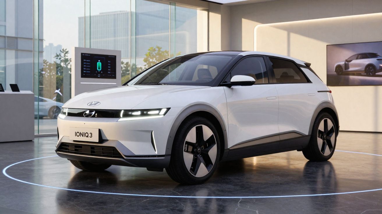 Carro elétrico Hyundai Ioniq 3 branco exibido em showroom moderno com piso brilhante e paredes claras.