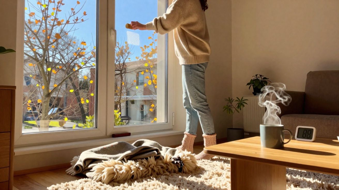 Pessoa abrindo a janela em sala com cachorro deitado no tapete e xícara fumegante na mesa ao sol da manhã.