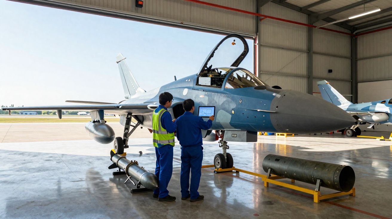 Dois técnicos inspecionam jato militar cinza com cabine aberta dentro de hangar.
