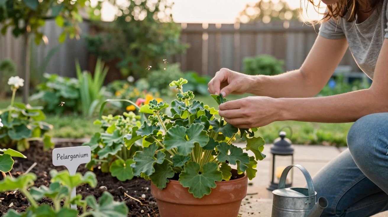 Pessoa cuidando de planta Pelargonium em vaso, jardim ao fundo, regador e luminária ao lado.