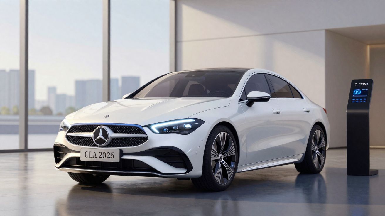 Carro Mercedes-Benz CLA 2025 branco estacionado em ambiente interno com painel digital ao lado.