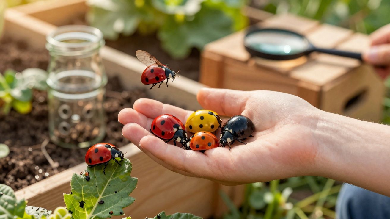 Mão segurando joaninhas coloridas, com lupa e plantas ao fundo em ambiente de jardim.