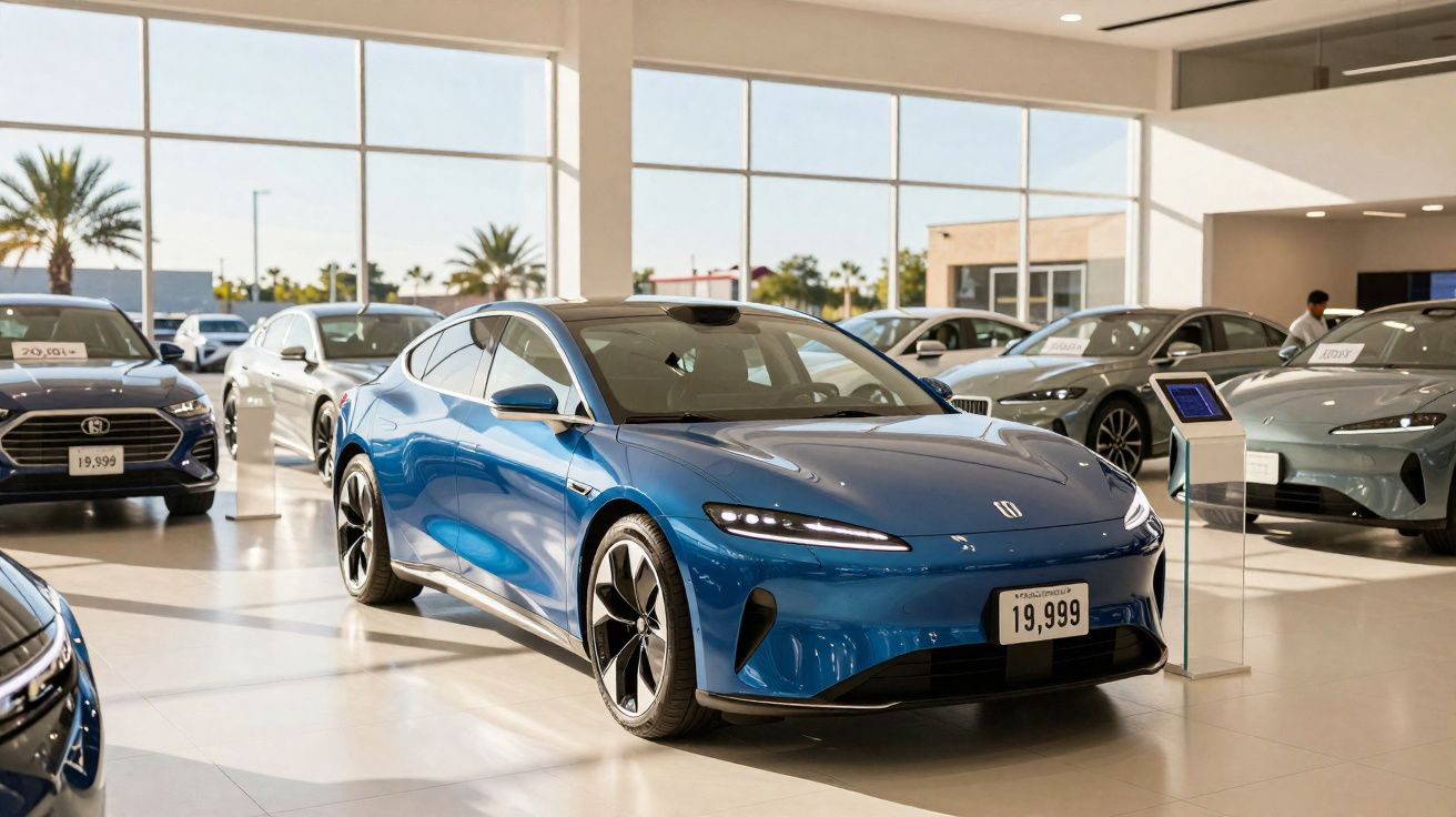 Carro esportivo azul exibido em salão de automóveis com iluminação natural e outros veículos ao fundo.