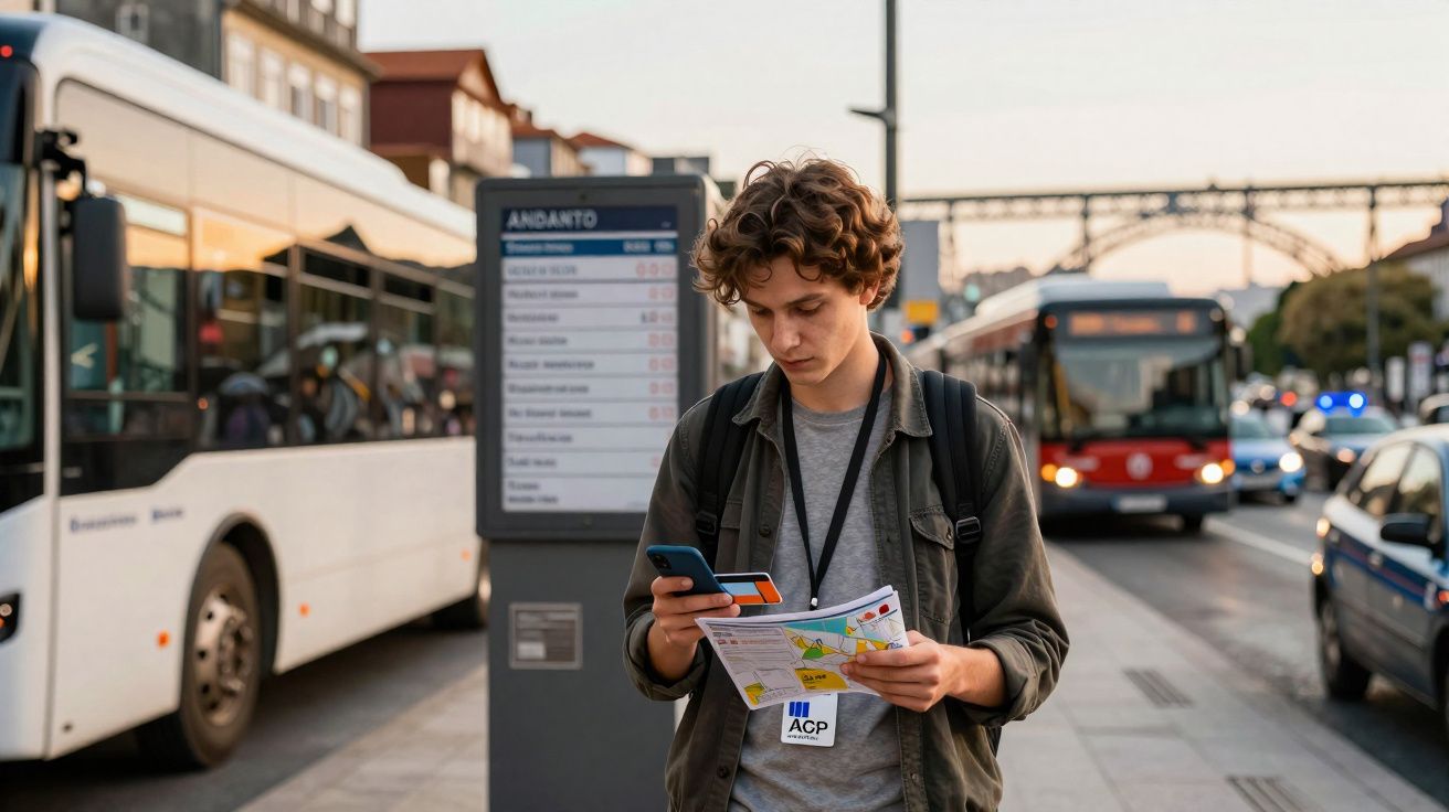 Jovem olhando mapa e celular em ponto de ônibus enquanto ônibus passam ao fundo na cidade.