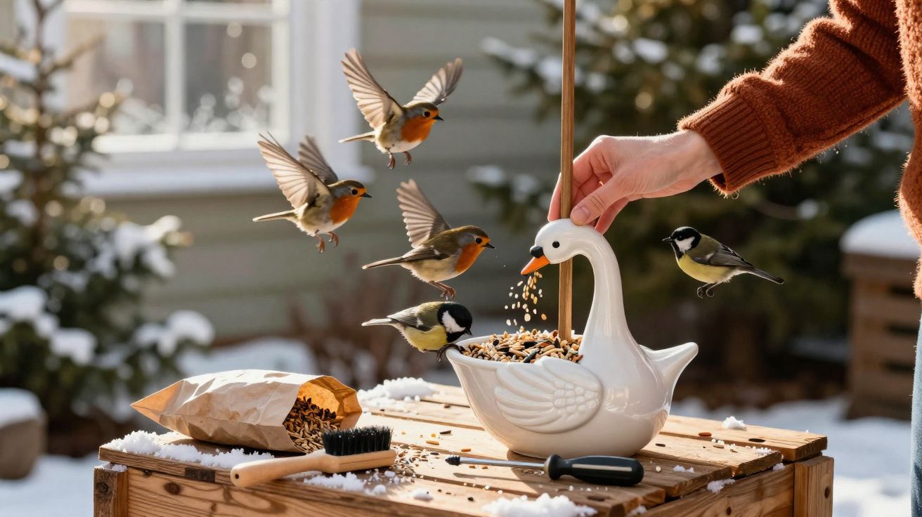 Pássaros voando e pousando para comer sementes de comedouro em formato de cisne em ambiente nevado.