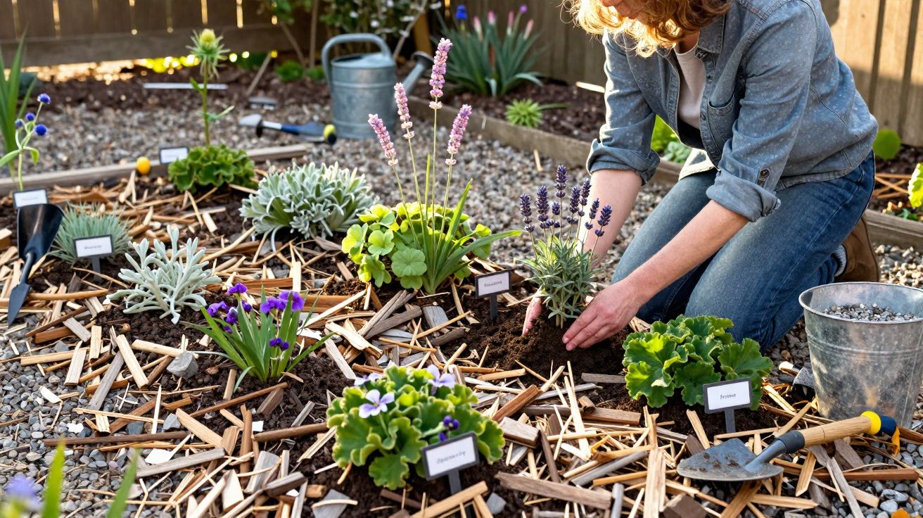 Pessoa plantando flores em jardim com etiquetas, regador e ferramentas de jardinagem ao redor.