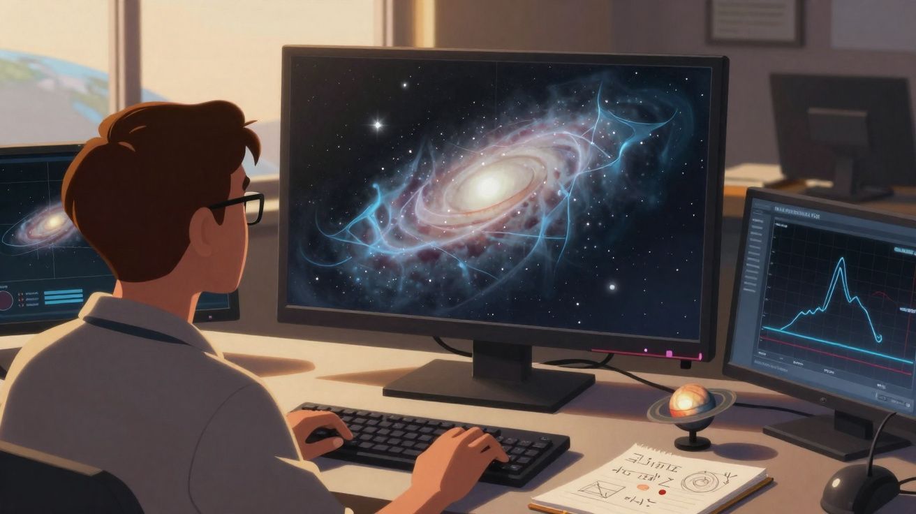 Pessoa usando óculos analisa imagem de galáxia em computador com dados gráficos em mesa de escritório.
