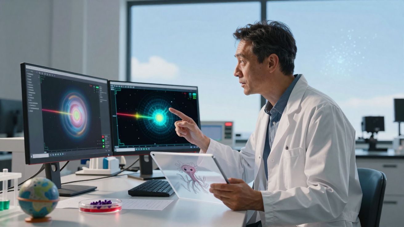 Cientista em laboratório analisando dados de espectro energético em dois monitores e tablet.