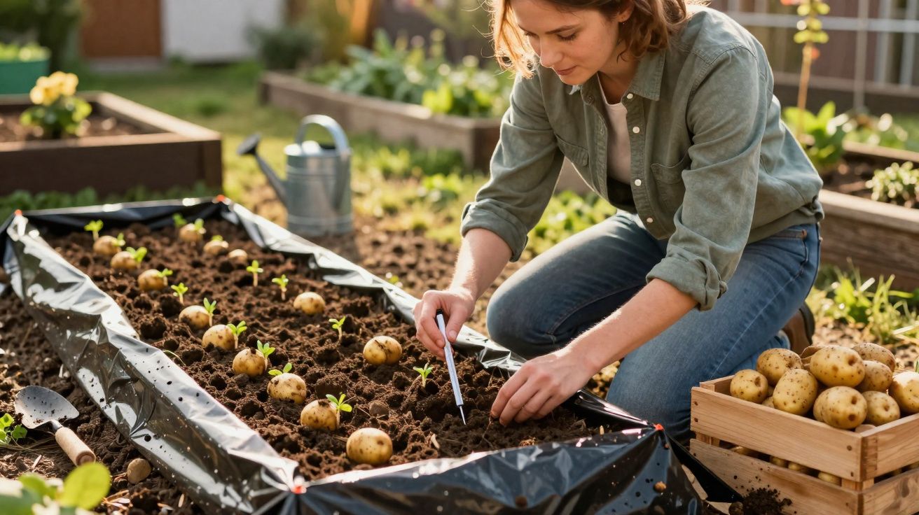 Mulher plantando mudas de batata em canteiro elevado em jardim ensolarado.