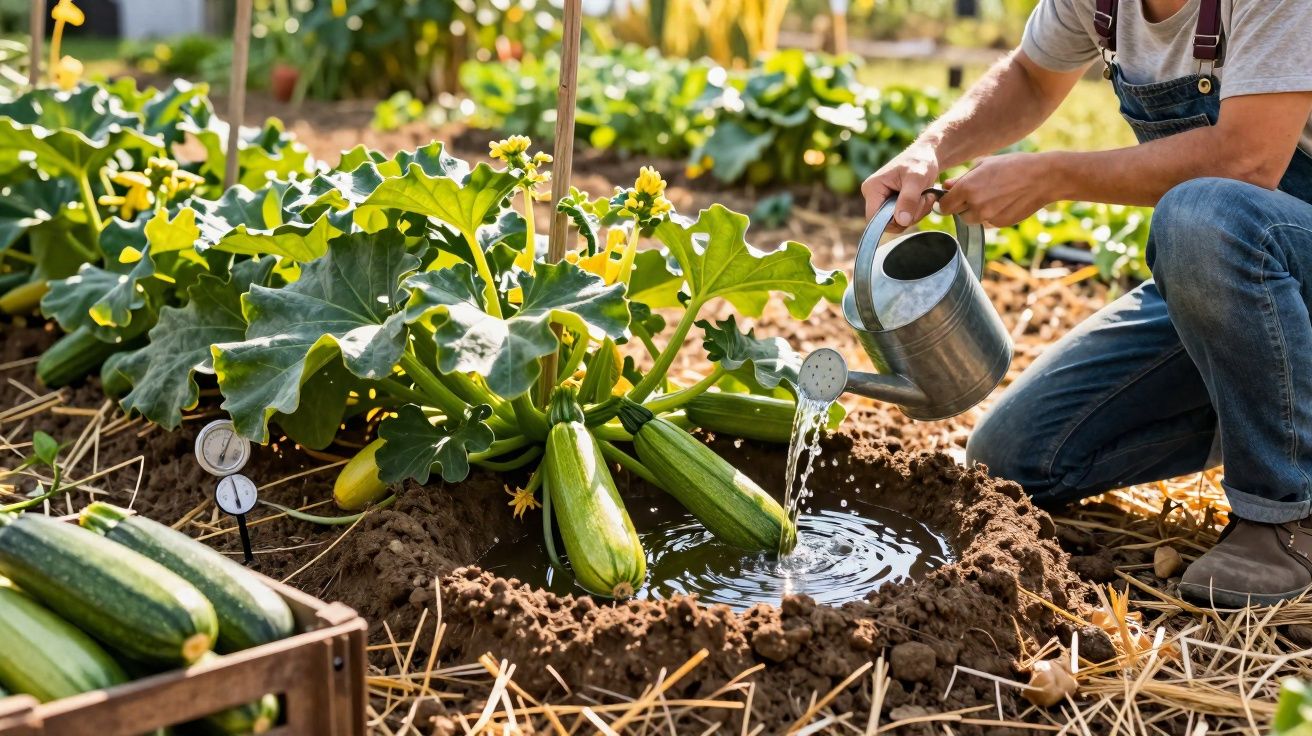 Pessoa regando abobrinhas verdes em jardim cultivado ao ar livre durante o dia ensolarado.