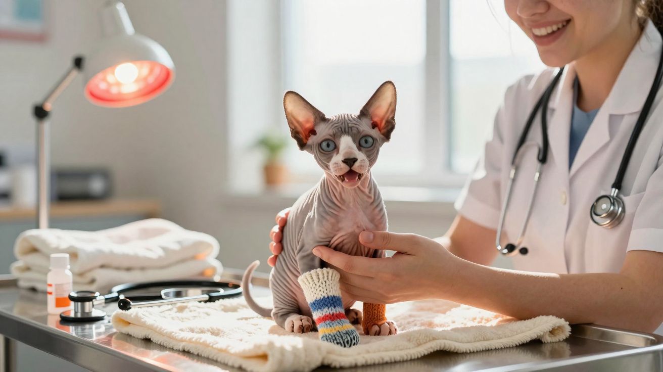 Veterinária sorridente cuida de gato Sphynx com bandagem colorida na pata em clínica.