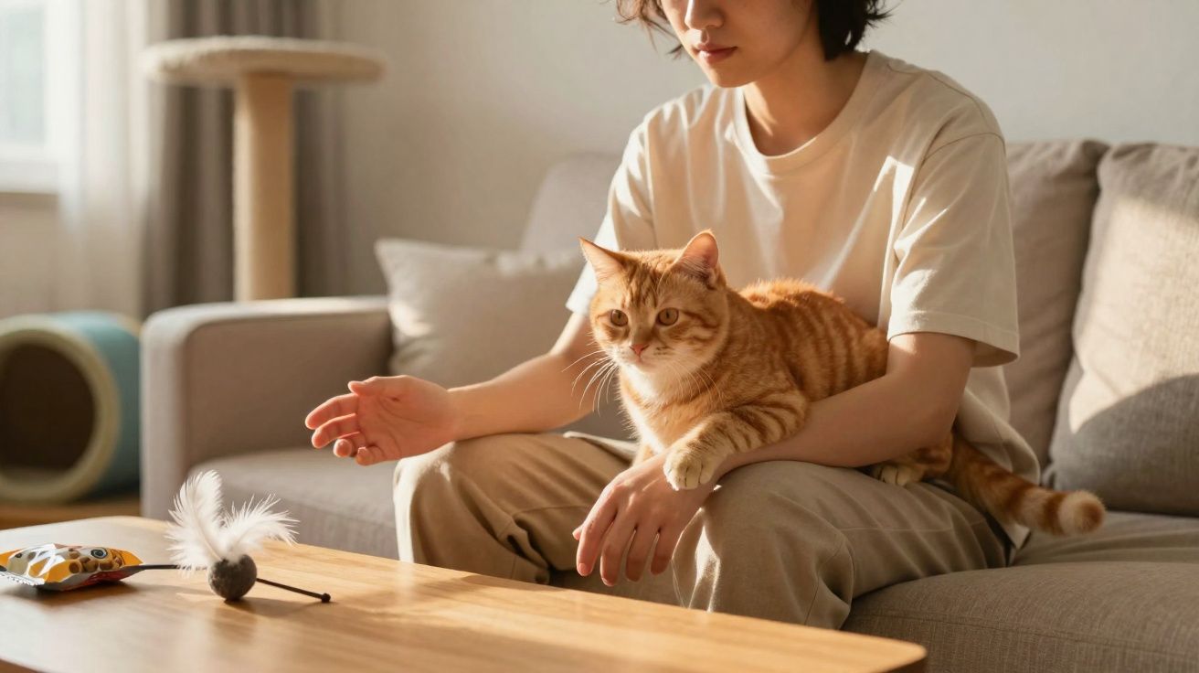Pessoa sentada no sofá com gato laranja no colo brincando com brinquedo de penas na mesa de madeira.
