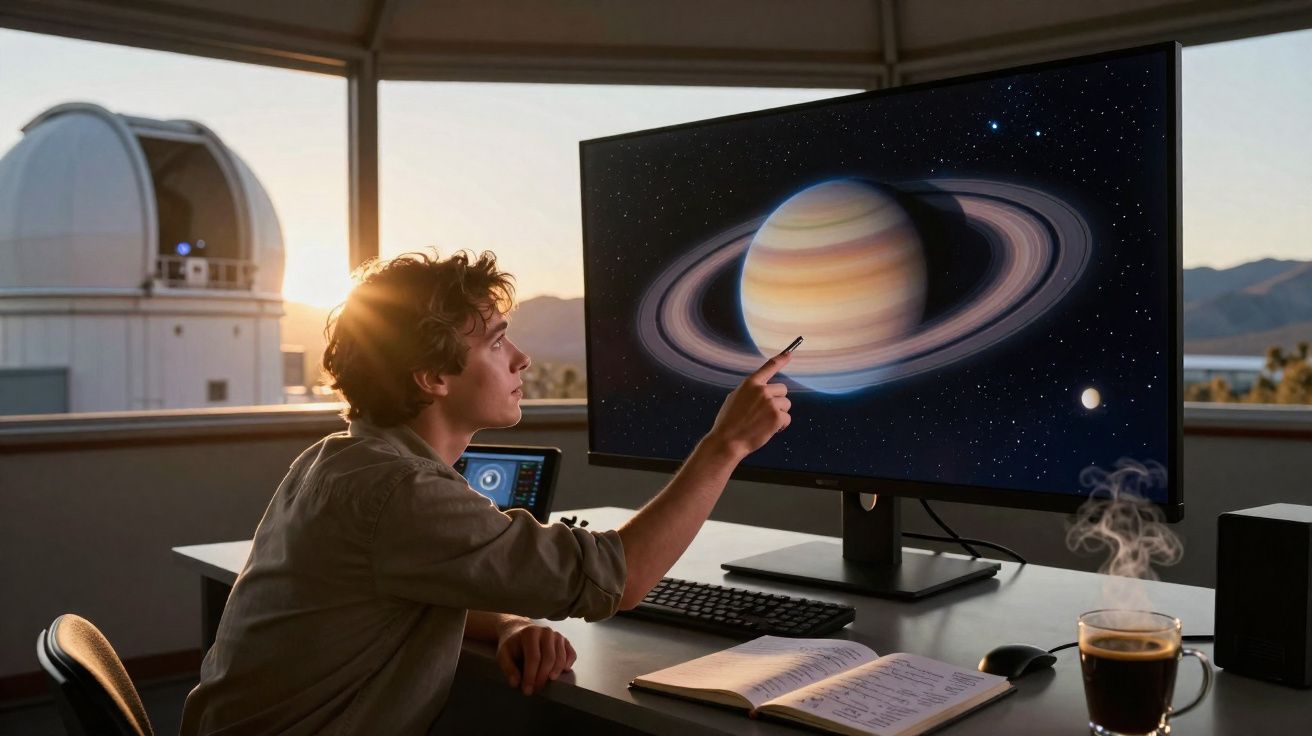 Jovem observa imagem do planeta Saturno em grande monitor, sentado à mesa com caderno e café.