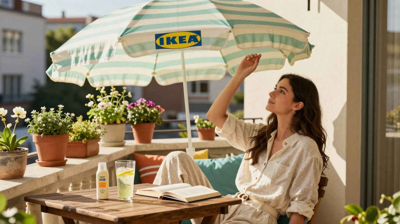 Mulher relaxando em varanda ensolarada, sentada em cadeira com livro e guarda-sol IKEA ao lado de plantas.