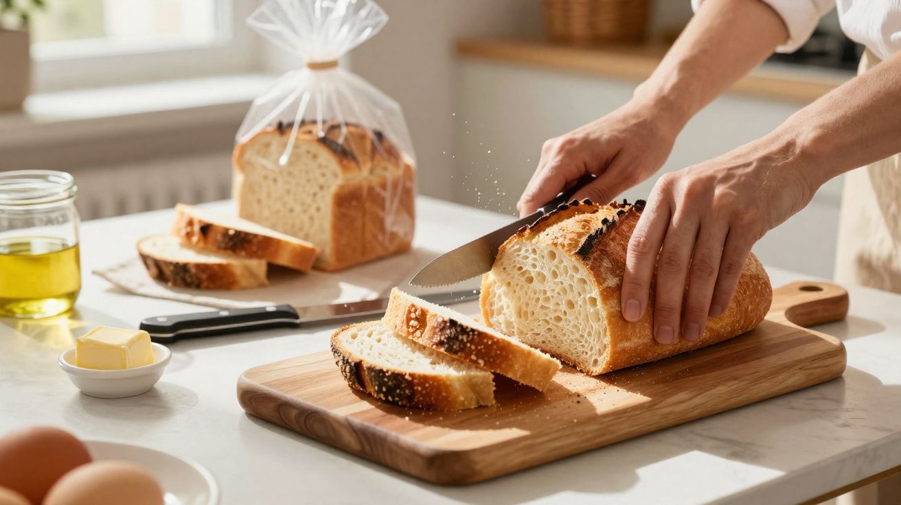 Pessoa fatiando pão fresco em tábua de madeira com pão embalado, manteiga e azeite ao lado.