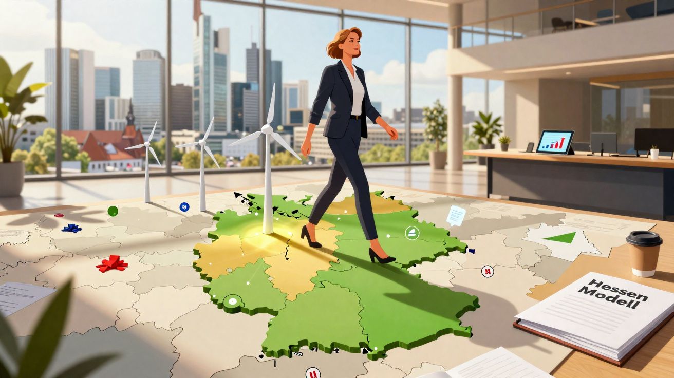 Mulher caminhando sobre mapa estilizado da Alemanha com turbinas eólicas em escritório moderno e ensolarado.