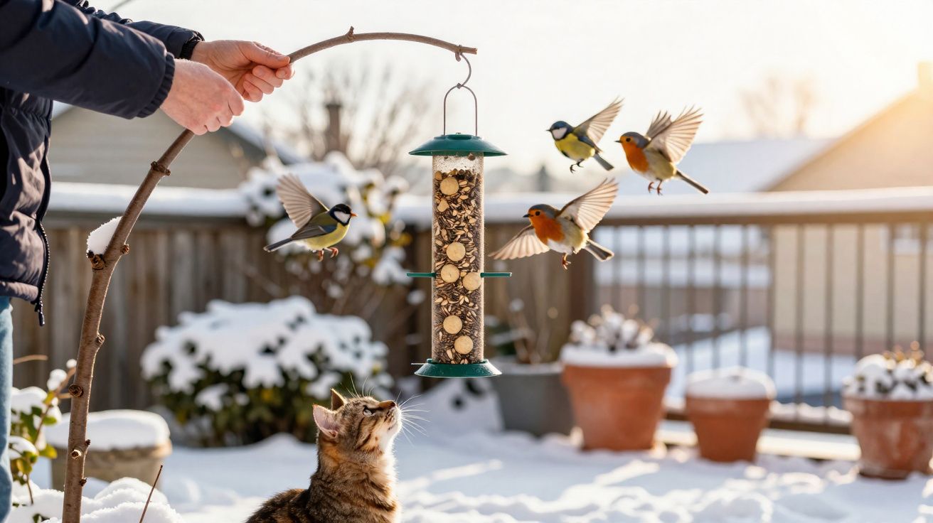 Mãos seguram comedouro de pássaros com quatro pássaros voando, enquanto gato observa, em jardim com neve.
