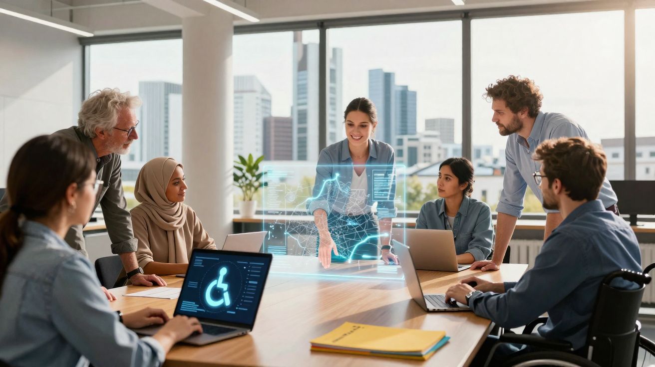 Reunião de equipe diversa em escritório moderno discutindo dados holográficos com laptop e cadeira de rodas.