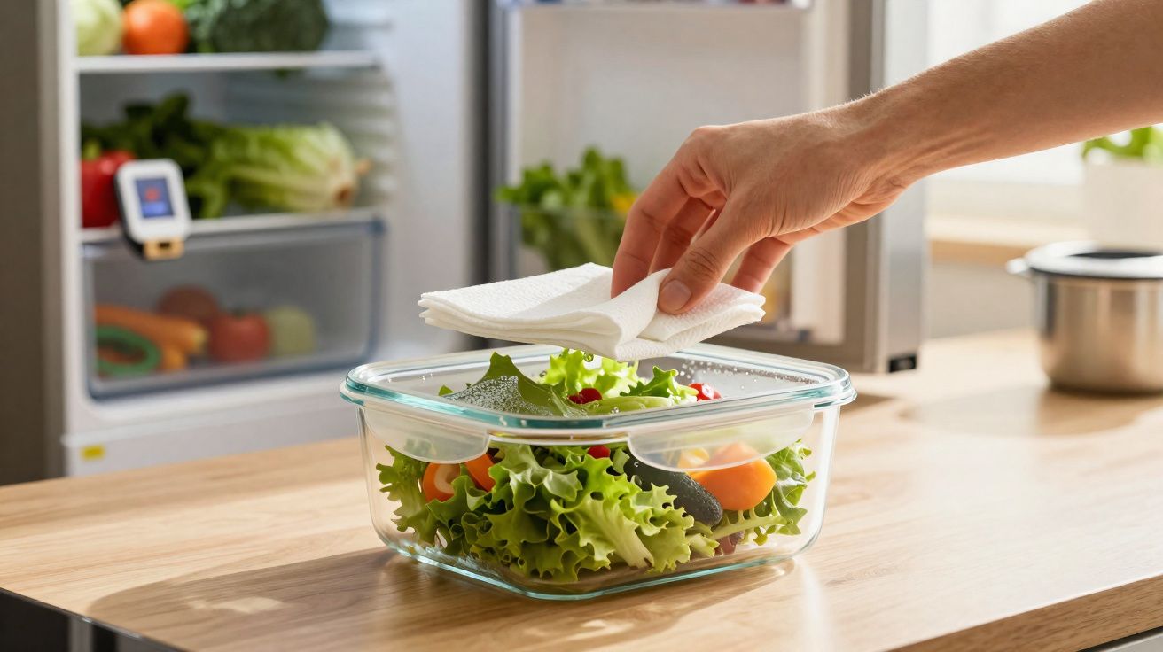 Mão colocando filtro absorvente em recipiente de vidro com salada fresca ao lado da geladeira aberta.